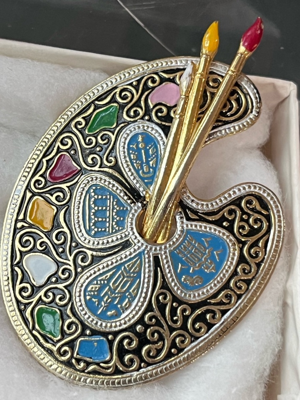 Vintage Damascene Artist Palette from Spain Enamel Brooch Tiny Paintbrushes